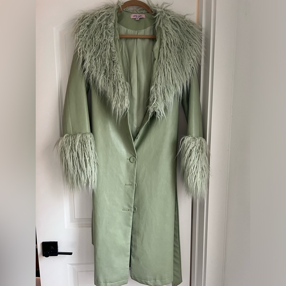 Lux Green Faux Fur Trim Coat